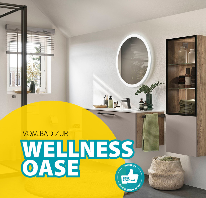 Modernes Badezimmer mit stilvollen Badmöbeln als Wellnessoase im Möbelhaus Treitinger – Badgestaltung vom Bad zur Wellnessoase.
